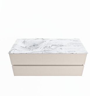 Mondiaz VICA-DLUX 120cm badmeubel onderkast Linen 2 lades. Inbouw wastafel CLOUD links 1 kraangat, kleur Glace.