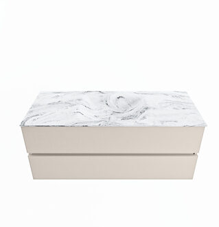 Mondiaz VICA-DLUX 120cm badmeubel onderkast Linen 2 lades. Inbouw wastafel CLOUD midden zonder kraangat, kleur Glace.