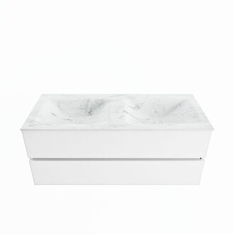 Mondiaz VICA-DLUX 120cm badmeubel onderkast Talc 2 lades. Inbouw wastafel CLOUD dubbel 2 kraangaten, kleur Opalo.