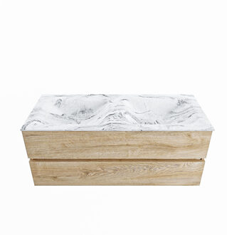 Mondiaz VICA-DLUX 120cm badmeubel onderkast Washed Oak 2 lades. Inbouw wastafel CLOUD dubbel 2 kraangaten, kleur Glace.