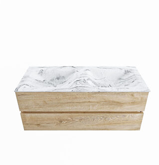 Mondiaz VICA-DLUX 120cm badmeubel onderkast Washed Oak 2 lades. Inbouw wastafel CLOUD dubbel zonder kraangat, kleur Glace.