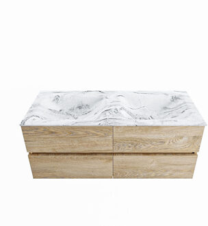 Mondiaz VICA-DLUX 120cm badmeubel onderkast Washed Oak 4 lades. Inbouw wastafel CLOUD dubbel 2 kraangaten, kleur Glace.