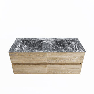 Mondiaz VICA-DLUX 120cm badmeubel onderkast Washed Oak 4 lades. Inbouw wastafel CLOUD dubbel 2 kraangaten, kleur Lava.