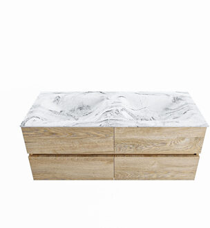 Mondiaz VICA-DLUX 120cm badmeubel onderkast Washed Oak 4 lades. Inbouw wastafel CLOUD dubbel zonder kraangat, kleur Glace.