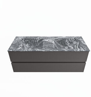 Mondiaz VICA-DLUX 130cm badmeubel onderkast Dark grey 2 lades. Inbouw wastafel CLOUD dubbel 2 kraangaten, kleur Lava.