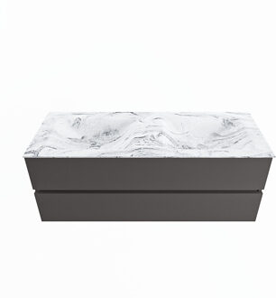 Mondiaz VICA-DLUX 130cm badmeubel onderkast Dark grey 2 lades. Inbouw wastafel CLOUD dubbel zonder kraangat, kleur Glace.