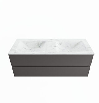 Mondiaz VICA-DLUX 130cm badmeubel onderkast Dark grey 2 lades. Inbouw wastafel CLOUD dubbel zonder kraangat, kleur Opalo.