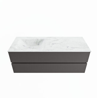 Mondiaz VICA-DLUX 130cm badmeubel onderkast Dark grey 2 lades. Inbouw wastafel CLOUD links 1 kraangat, kleur Opalo.