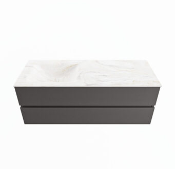 Mondiaz VICA-DLUX 130cm badmeubel onderkast Dark grey 2 lades. Inbouw wastafel CLOUD links 1 kraangat, kleur Ostra.