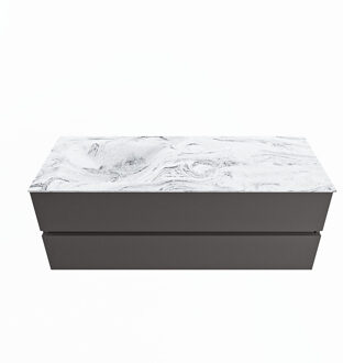 Mondiaz VICA-DLUX 130cm badmeubel onderkast Dark grey 2 lades. Inbouw wastafel CLOUD links zonder kraangat, kleur Glace.