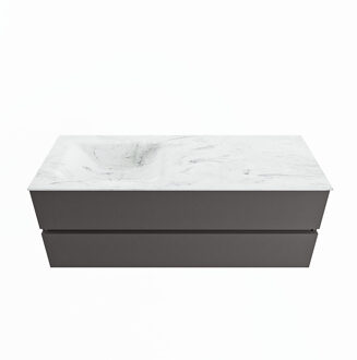 Mondiaz VICA-DLUX 130cm badmeubel onderkast Dark grey 2 lades. Inbouw wastafel CLOUD links zonder kraangat, kleur Opalo.