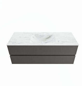Mondiaz VICA-DLUX 130cm badmeubel onderkast Dark grey 2 lades. Inbouw wastafel CLOUD midden 1 kraangat, kleur Opalo.