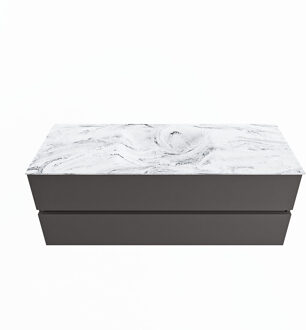 Mondiaz VICA-DLUX 130cm badmeubel onderkast Dark grey 2 lades. Inbouw wastafel CLOUD midden zonder kraangat, kleur Glace.