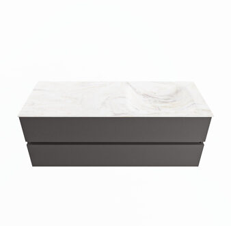 Mondiaz VICA-DLUX 130cm badmeubel onderkast Dark grey 2 lades. Inbouw wastafel CLOUD rechts 1 kraangat, kleur Ostra.