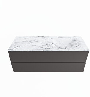 Mondiaz VICA-DLUX 130cm badmeubel onderkast Dark grey 2 lades. Inbouw wastafel CLOUD rechts zonder kraangat, kleur Glace.