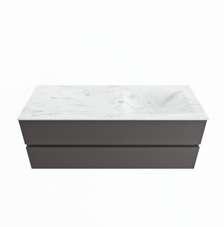Mondiaz VICA-DLUX 130cm badmeubel onderkast Dark grey 2 lades. Inbouw wastafel CLOUD rechts zonder kraangat, kleur Opalo.