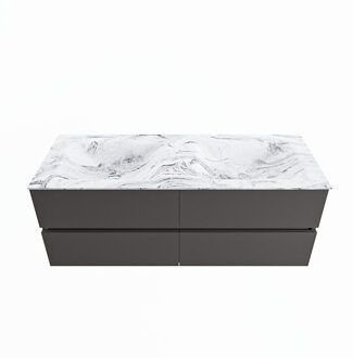 Mondiaz VICA-DLUX 130cm badmeubel onderkast Dark grey 4 lades. Inbouw wastafel CLOUD dubbel zonder kraangat, kleur Glace.