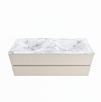 Mondiaz VICA-DLUX 130cm badmeubel onderkast Linen 2 lades. Inbouw wastafel CLOUD dubbel 2 kraangaten, kleur Glace.