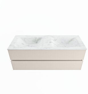 Mondiaz VICA-DLUX 130cm badmeubel onderkast Linen 2 lades. Inbouw wastafel CLOUD dubbel 2 kraangaten, kleur Opalo.