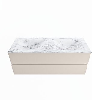 Mondiaz VICA-DLUX 130cm badmeubel onderkast Linen 2 lades. Inbouw wastafel CLOUD dubbel zonder kraangat, kleur Glace.