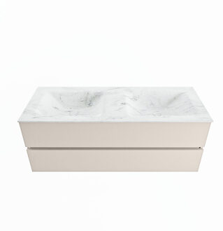 Mondiaz VICA-DLUX 130cm badmeubel onderkast Linen 2 lades. Inbouw wastafel CLOUD dubbel zonder kraangat, kleur Opalo.