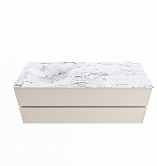Mondiaz VICA-DLUX 130cm badmeubel onderkast Linen 2 lades. Inbouw wastafel CLOUD links 1 kraangat, kleur Glace.