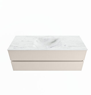 Mondiaz VICA-DLUX 130cm badmeubel onderkast Linen 2 lades. Inbouw wastafel CLOUD midden 1 kraangat, kleur Opalo.