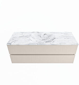 Mondiaz VICA-DLUX 130cm badmeubel onderkast Linen 2 lades. Inbouw wastafel CLOUD midden zonder kraangat, kleur Glace.