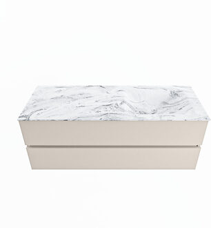 Mondiaz VICA-DLUX 130cm badmeubel onderkast Linen 2 lades. Inbouw wastafel CLOUD rechts zonder kraangat, kleur Glace.