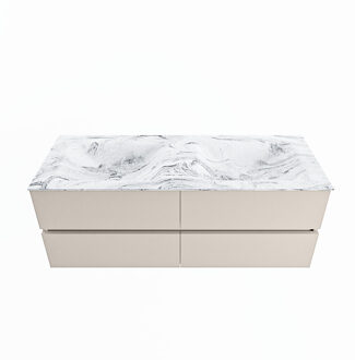 Mondiaz VICA-DLUX 130cm badmeubel onderkast Linen 4 lades. Inbouw wastafel CLOUD dubbel zonder kraangat, kleur Glace.