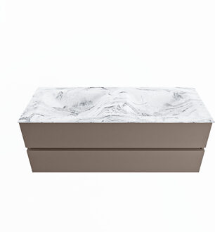 Mondiaz VICA-DLUX 130cm badmeubel onderkast Smoke 2 lades. Inbouw wastafel CLOUD dubbel zonder kraangat, kleur Glace.