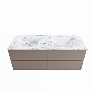 Mondiaz VICA-DLUX 130cm badmeubel onderkast Smoke 4 lades. Inbouw wastafel CLOUD dubbel zonder kraangat, kleur Glace.