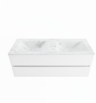 Mondiaz VICA-DLUX 130cm badmeubel onderkast Talc 2 lades. Inbouw wastafel CLOUD dubbel 2 kraangaten, kleur Opalo.