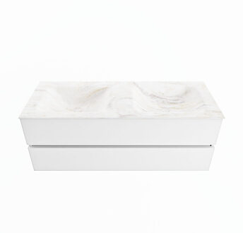 Mondiaz VICA-DLUX 130cm badmeubel onderkast Talc 2 lades. Inbouw wastafel CLOUD dubbel zonder kraangat, kleur Ostra.