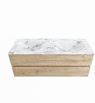 Mondiaz VICA-DLUX 130cm badmeubel onderkast Washed Oak 2 lades. Inbouw wastafel CLOUD dubbel zonder kraangat, kleur Glace.