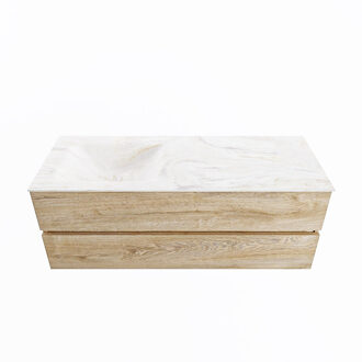 Mondiaz VICA-DLUX 130cm badmeubel onderkast Washed Oak 2 lades. Inbouw wastafel CLOUD links zonder kraangat, kleur Ostra.