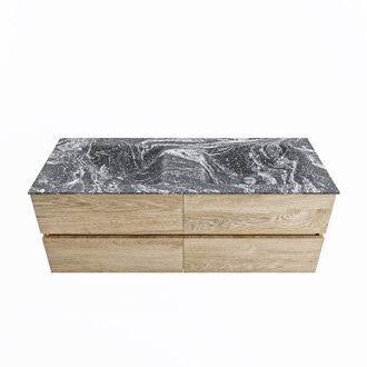 Mondiaz VICA-DLUX 130cm badmeubel onderkast Washed Oak 4 lades. Inbouw wastafel CLOUD dubbel zonder kraangat, kleur Lava.