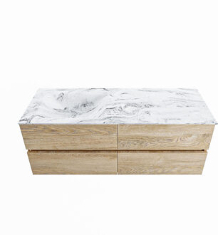 Mondiaz VICA-DLUX 130cm badmeubel onderkast Washed Oak 4 lades. Inbouw wastafel CLOUD links zonder kraangat, kleur Glace.