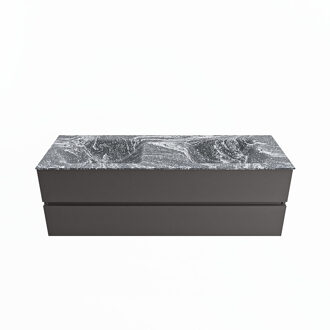 Mondiaz VICA-DLUX 150cm badmeubel onderkast Dark grey 2 lades. Inbouw wastafel CLOUD dubbel zonder kraangat, kleur Lava.