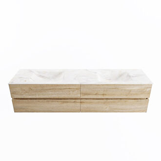 Mondiaz VICA-DLUX 200cm badmeubel onderkast Washed Oak 4 lades. Inbouw wastafel CLOUD dubbel 2 kraangaten, kleur Ostra.