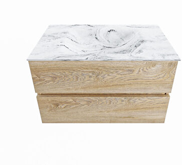 Mondiaz VICA-DLUX 80cm badmeubel onderkast Washed Oak 2 lades. Inbouw wastafel CLOUD midden zonder kraangat, kleur Glace.