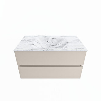 Mondiaz VICA-DLUX 90cm badmeubel onderkast Linen 2 lades. Inbouw wastafel CLOUD midden 1 kraangat, kleur Glace.