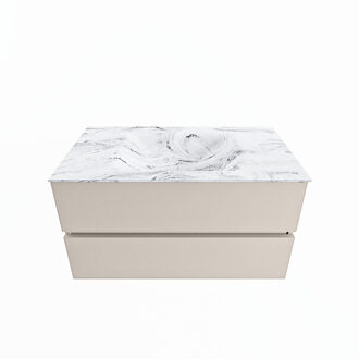 Mondiaz VICA-DLUX 90cm badmeubel onderkast Linen 2 lades. Inbouw wastafel CLOUD midden zonder kraangat, kleur Glace.