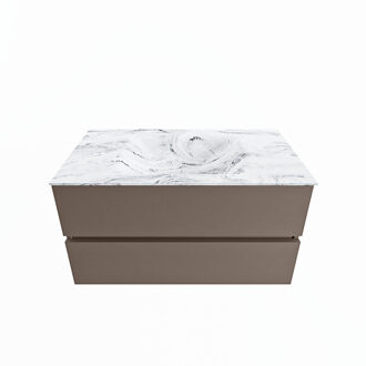 Mondiaz VICA-DLUX 90cm badmeubel onderkast Smoke 2 lades. Inbouw wastafel CLOUD midden zonder kraangat, kleur Glace.