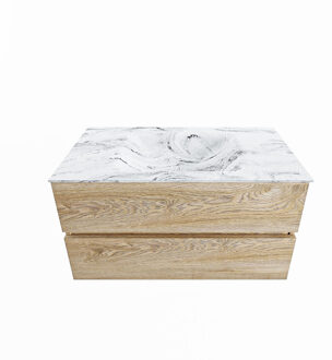 Mondiaz VICA-DLUX 90cm badmeubel onderkast Washed Oak 2 lades. Inbouw wastafel CLOUD midden 1 kraangat, kleur Glace.
