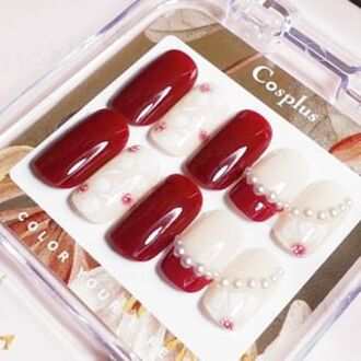 Monina Premium Wearable Gel Nail Tips Set Burgundy Pearl Hand-Painted Flowers - 1 Set