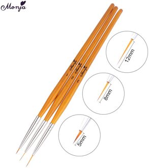 Monja 5/8/12 Mm 3 Pcs Nail Art Liner Brush Franse Lijn Bloem Rooster Schilderij Tekening pen Manicure Tool Kit
