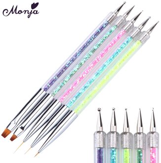 Monja 5 Stks/set Double End Nail Art Acryl Franse Strepen Lijnen Bloem Schilderij Tekening Liner Brush Marbleizing Puntjes Pen