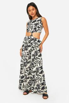 Mono Print Jumpsuit Met Knoopdetail Aan De Voorkant En Uitgesneden Details Geweven Jumpsuit, Black - 42