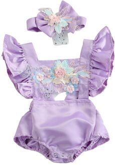 Mooie Baby Meisjes Zomer Rompertjes Peuter Prinses Meisjes Borduren Parel Bloem Romper Jumpsuits Hoofdband Sunsuits Outfits 0-18M Paars / 3M